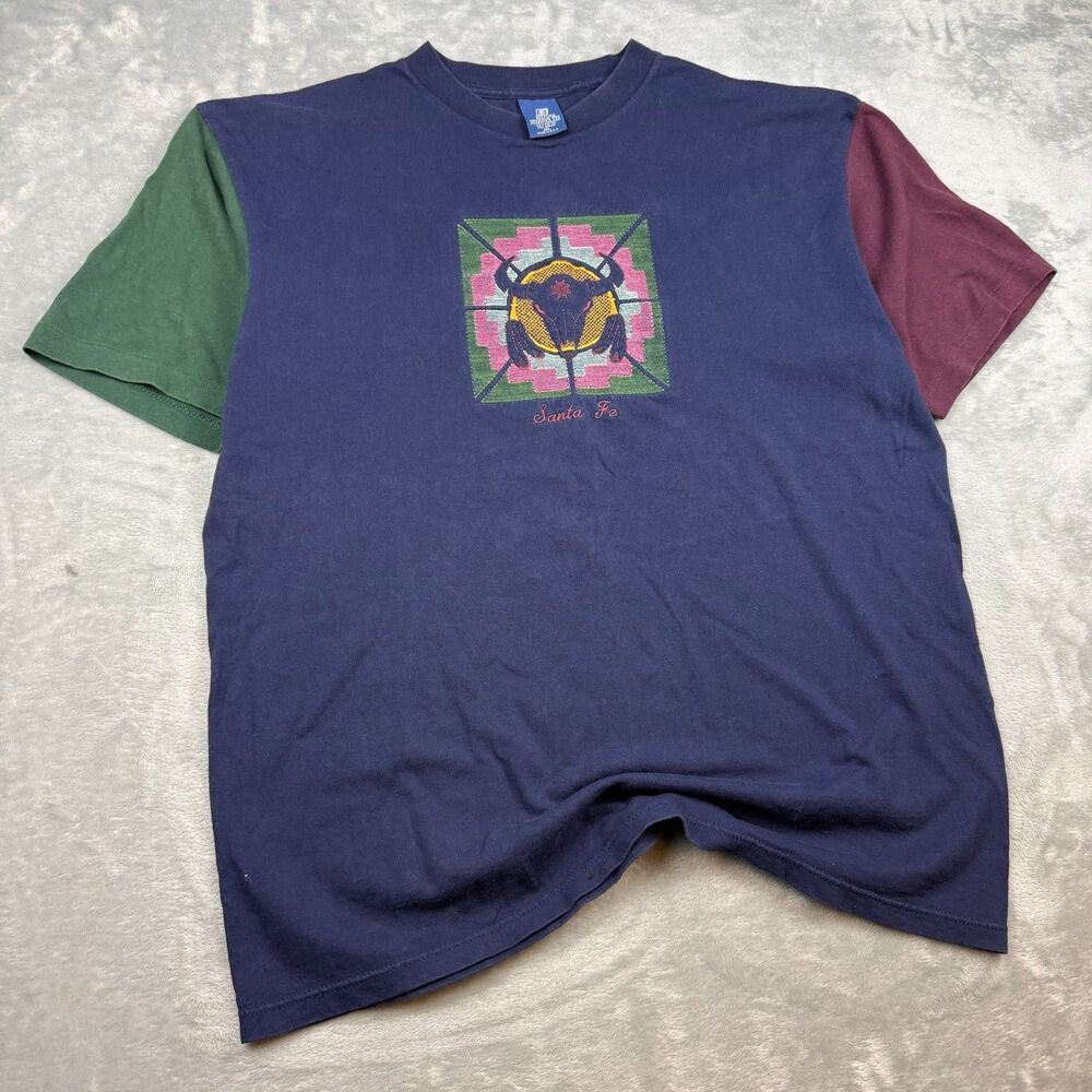 Vintage Santa Fe Buffalo Skull Embroidered Color Block Shirt USA XL Single Stitc